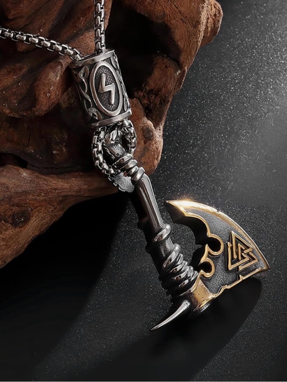 Gold and silver toned two-color Viking battle ax pendant necklace. - Picture 3 of 4